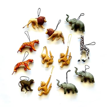 Vintage Animals Christmas Ornament Set Paper Mache Monkeys Lion Elephants Cheetah Jungle African Animals Holiday Decor 