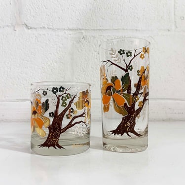 Vintage Culver Glasses Set of 2 Rocks Old Fashioned 1960s Barware Bar Asian Lotus Floral Tree Mid Century 60s Glass 22kt Highball Tumbler 