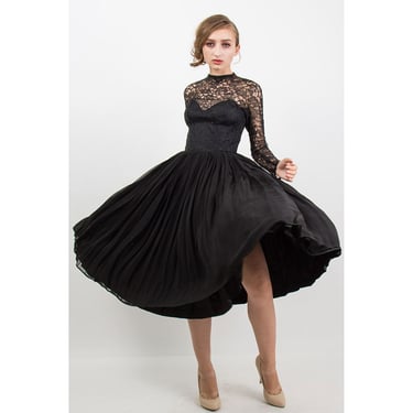 Vintage Suzy PERETTE / 1950s black lace sheer illusion cocktail dress  S 