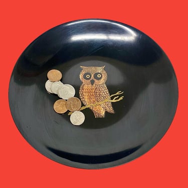 Vintage Couroc Bowl Retro 1970s Mid Century Modern + Owl on Branch + Monterey CA + Black Resin + Inlaid Design + Shallow Round + Home Decor 