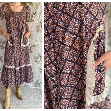 1970's Cotton Dress / Calico Printed Floral Tent Dress Pockets / Cotton Dress / Prairie Dress / Cottage Core 