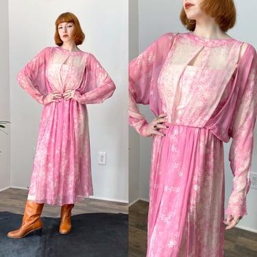 Vintage 1970s Dress / 70s Cherry Blossom Silk Chiffon Dress / Pink White ( M L ) 