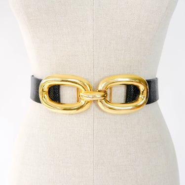 Vintage 80s Alexis Kirk Shiny Black Reptile Skin Slide Adjustable Belt w/ Gold Chain Link Clip Buckle | 100% Leather | 1980s Designer Belt 
