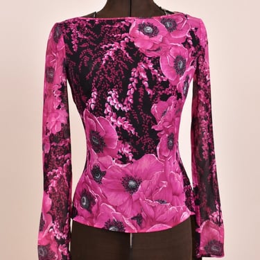 Fuchsia Silk Poppies Boat Neck Blouse By Gianni Versace, XS/S