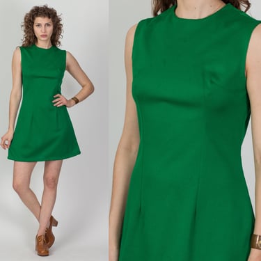 60s 70s Green Mod Mini Dress, As Is - Medium | Vintage Minimalist Sleeveless A Line Dress 