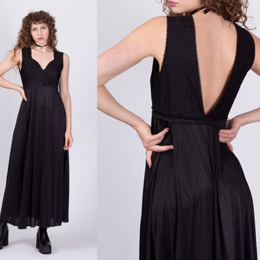 70s Black Satin & Lace Low Back Nightgown - Medium | Vintage Cattani Of California Lingerie Boho Maxi Slip Dress 
