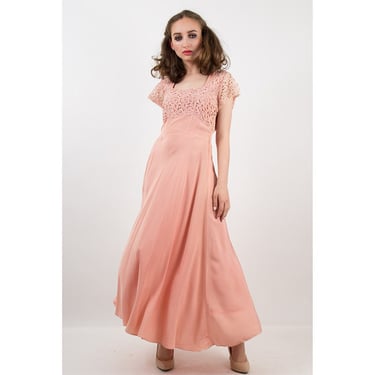 1940s dress / Vintage blush pink bias cut rayon lace top formal gown M 