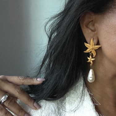 vintage drop starfish and faux pearl statement runway pierced earrings 
