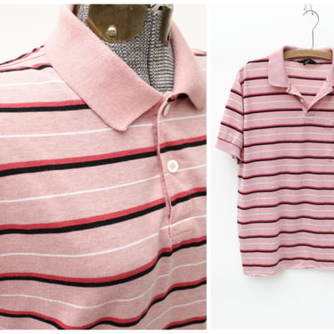 Vintage 80's Polo Shirt - Soft Thin Lightweight - Striped - Salmon Pink - Red Black & White 