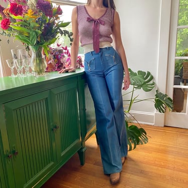 Vintage 1970s Maverick Wide Leg Pants with Zipper Front Pockets / Vintage Denim Wide Leg Pants / Maverick Hippie Boho Wide Leg Jeans XS 