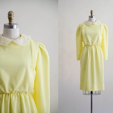 70s yellow dress | lace collar knee length dress 