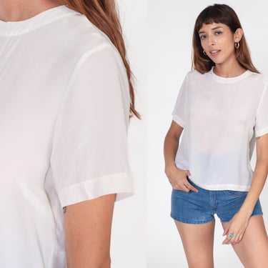 White Silk Blouse 90s Semi Sheer Shirt Plain Top Short Sleeve Blouse Vintage Basic 1990s Minimalist Top Simple Classic 1990s Medium 