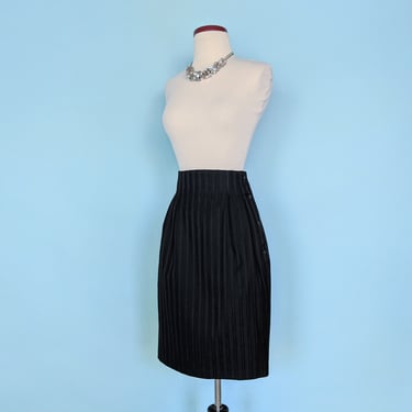 Vintage 80s Black Striped Pencil Skirt, 1980s High Waist Pleated Fitted Skirt 