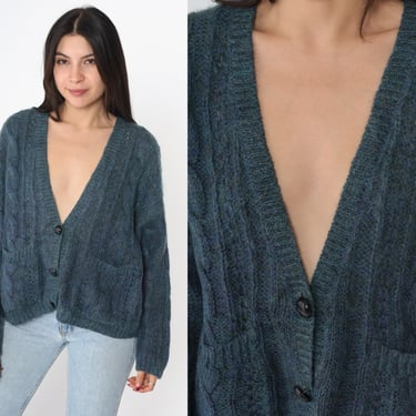 Cable Knit Cardigan 90s Green Purple Button Up Sweater Retro Basic Deep V Neck Bohemian Cableknit Vintage 1990s Grunge Oversized Large 