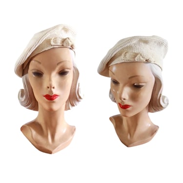 1930s Ivory White Crochet Beret - 30s Beret - Vintage Womens Beret - 30s Womens Hat - 1930s Summer Hat - 1930s Knitwear Hat - 30s Sportswear 