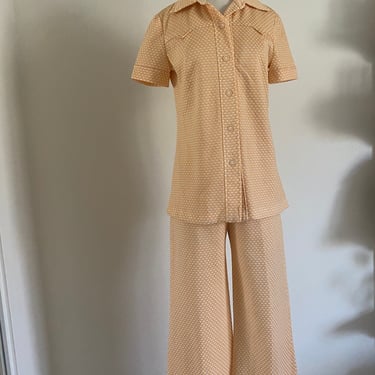 Vintage 60s Polka Dot Polyester Matching Trouser Set Flared Pants Matching Peach Western Button Up Blouse; 70s RARE Coordinating Set M 