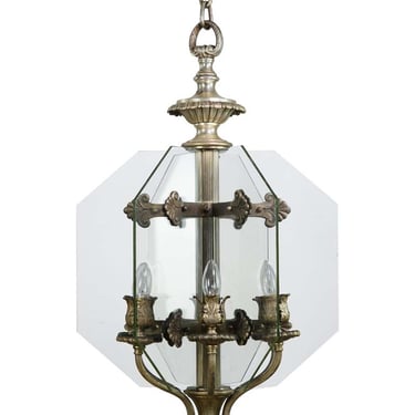 Antique Caldwell Silvered Bronze Bank Pendant Light with Glass Panes