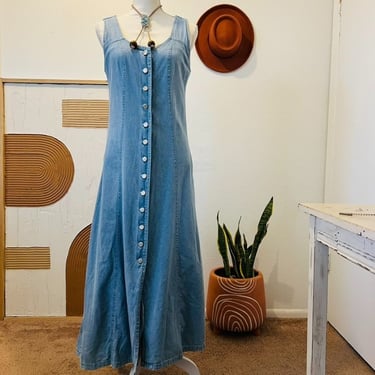 Vintage 90s Worn in Light Waist Denim Button Front Sleeveless Maxi Dress 