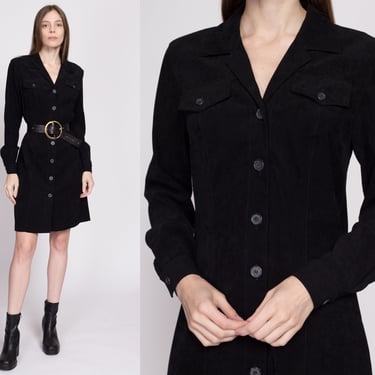 90s Black Ultrasuede Mini Shirtdress - Medium | Vintage Button Front Long Sleeve Collared Gothic Minimalist Dress 