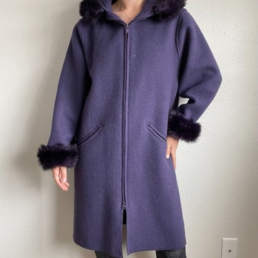 Vintage Womens Lundstrom La Parka Canada Purple Boiled Wool Trench Coat Faux Fur 