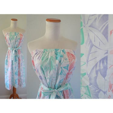 Vintage Hawaiian Sundress Tropical Palm Leaf Print Tube Dress by Hilo Hattie Hawaii Pastel Rainbow - Size Large 