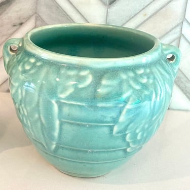 Vintage Ceramic McCoy Pottery Style Planter, Vase, Bowl, Handled, Jardine, Turquoise Blue, Floral Leaves, Vintage MCM Pottery 