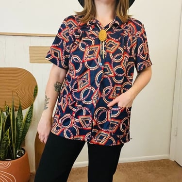 Vintage Handmade 70s Abstract Bright Print Button Down Short Sleeve Chore Blouse 