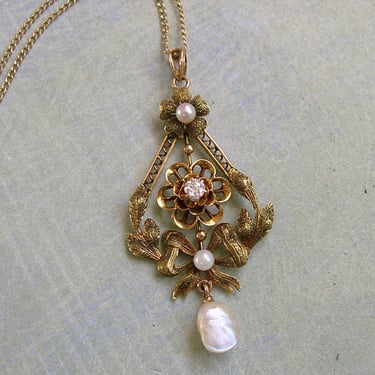 Antique 14K Gold, Diamond and Pearl Edwardian Lavaliere Pendant, Antique 14k Gold Lavaliere Pendant, Bridal Jewelry  (#4305) 