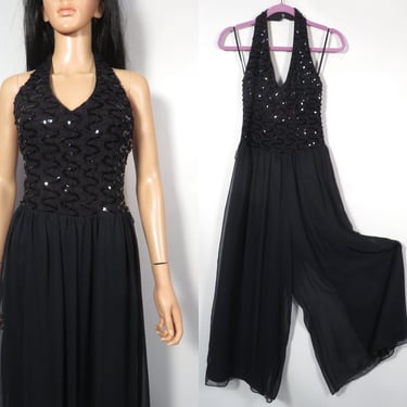 Vintage 70s/80s Black Sequin Disco Wide Leg Halter Jumpsuit Made In USA Size M 