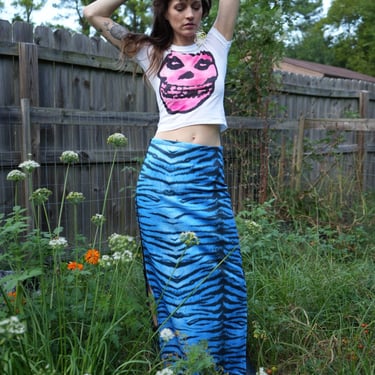 90s Tiger Stripe Skirt / y2k Body Con Midi Skirt / Slinky Slit Leopard Printed Midi Skirt / Nineties Skirt / 1990's Stretchy Body Con Skirt 