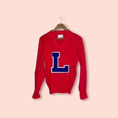 Vintage 60's Red Bristol Award Letterman College &amp;quot;L&amp;quot; V Neck Varsity Sweater, Size 36 