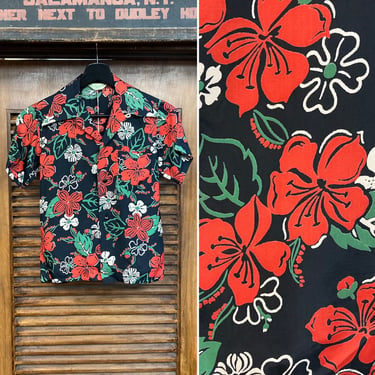 Vintage 1940’s Black Background Floral Silky Rayon Hawaiian Shirt, Youth Size, Crisp, 40’s Vintage Clothing 