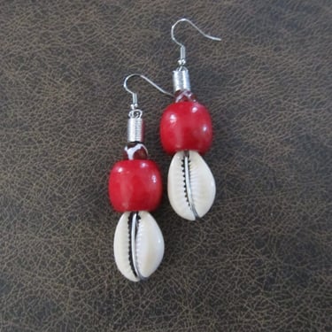 Cowrie shell earrings and chunky red wooden earrings 