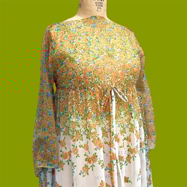 Vintage Maxi Dress Retro 1970s Bohemian + Sheer + No Size Tag + Orange + White + Floral + Flowy Sleeves + Beach Cover Up + Women's Apparel 