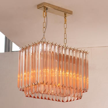 Suspension lamp Made in Italy Triedri in pink Murano glass vintage style, ceiling chandelier 50 cm width 