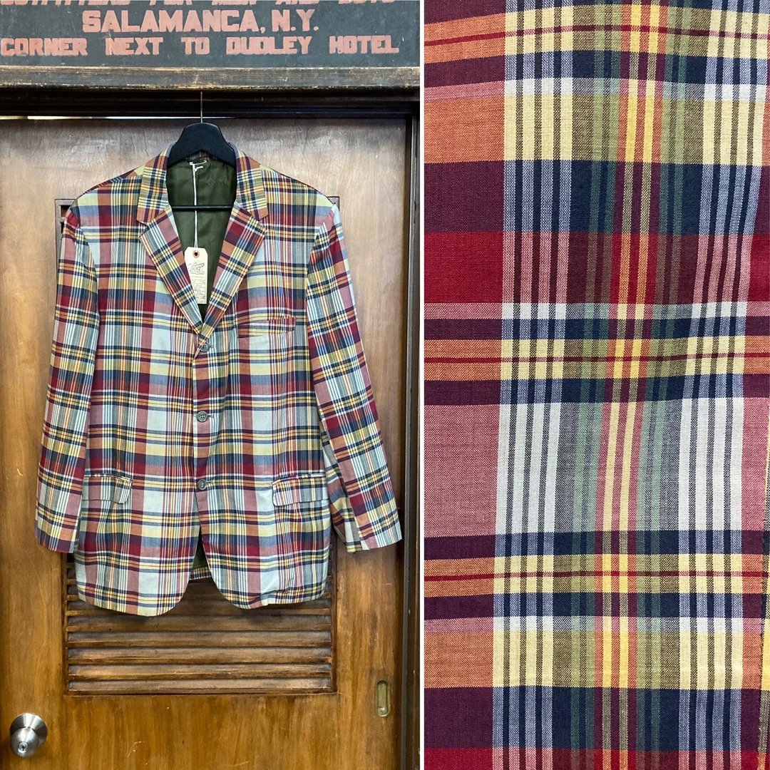 Vintage 1960's Mod Ivy League Madras Plaid Cotton Sportcoat