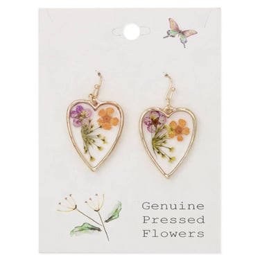 Purple Orange Dried Flower Gold Heart Earrings