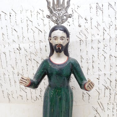 Antique Jesus Christ with Halo Crown Aureola,  Hand Carved Hand Painted Santos, Vintage Religious Church Decor 
