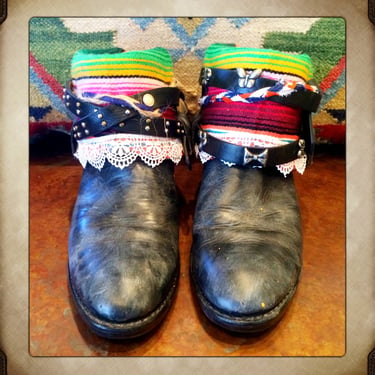 Vintage Mexican Serape Blanket Cowgirl Boots with Belts size 7 
