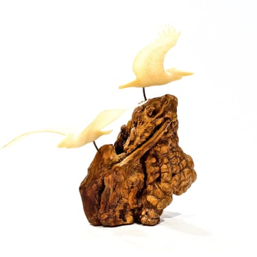 VINTAGE: Root Trunk Wood with Birds Sculpture - Resin Birds on Trunk - Natural Art - SKU 26-D-00012243 