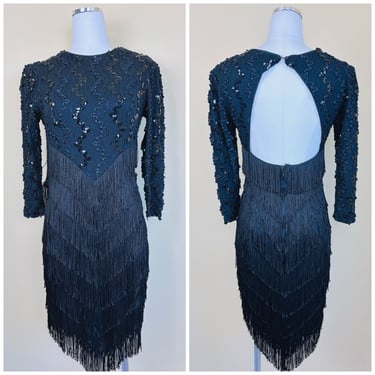 1980s Vintage Dave And Johnny Fringe Cut Out Back Dress / 80s Strech Fringed Sequin Wiggle Dress / Medium 