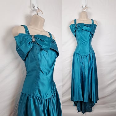 Vintage 80s Teal Blue Prom Dress, Size Large 