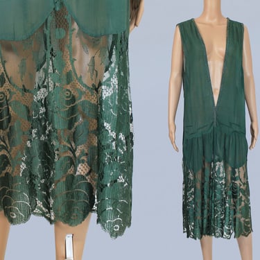 1920s Dress / 20s DEEP V Plunge Neck Beaded Chiffon / Green Rose Floral Lace / Unusual 