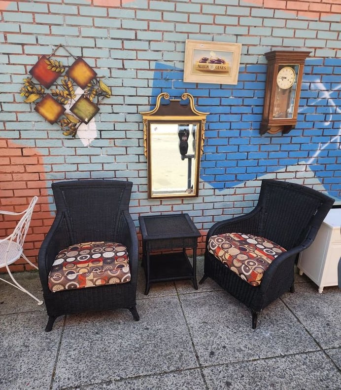 Three Piece Wicker Patio Set. Side Table, two Chairs w Cushions.