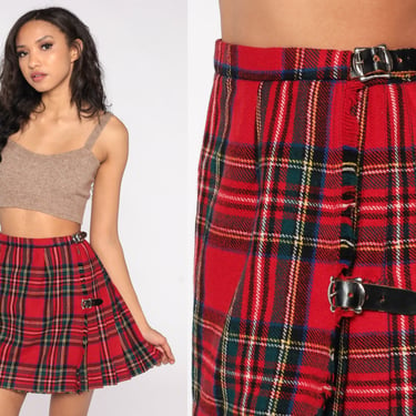 Plaid Mini Skirt 70s School Girl Pleated Wool Tartan High Waisted Red Green Preppy Clueless Checkered Retro Vintage 1970s Extra Small XS 