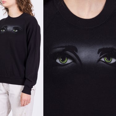 80s Black Mystery Eyes Sweatshirt - Men's Medium, Women's Large | Vintage Raglan Sleeve Graphic Pullover 