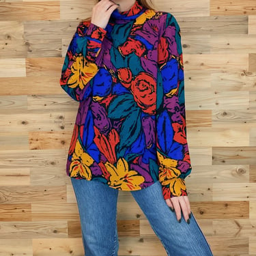 70's Colorful Lightweight Flowy High Neck Blouse 
