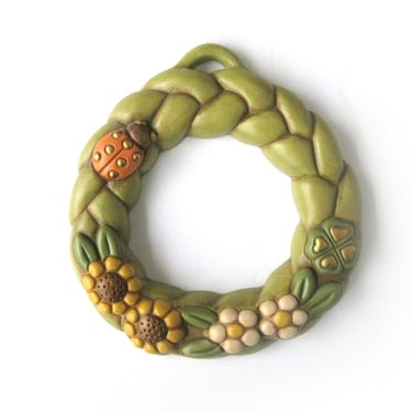 Thun Hanging Wreath Ornament with Lady Bug, Sunflowers and Four Leaf CloverRare Collectibles, Thun Bolzano Italy, Whimsical Wall Decor 