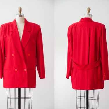 red wool jacket | 80s 90s vintage Harvé Benard bright red wool dark academia preppy style oversized blazer coat 