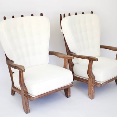 Guillerme et Chambron Pair of French Cerused Oak Grand Repos Lounge Chairs Votre Maison